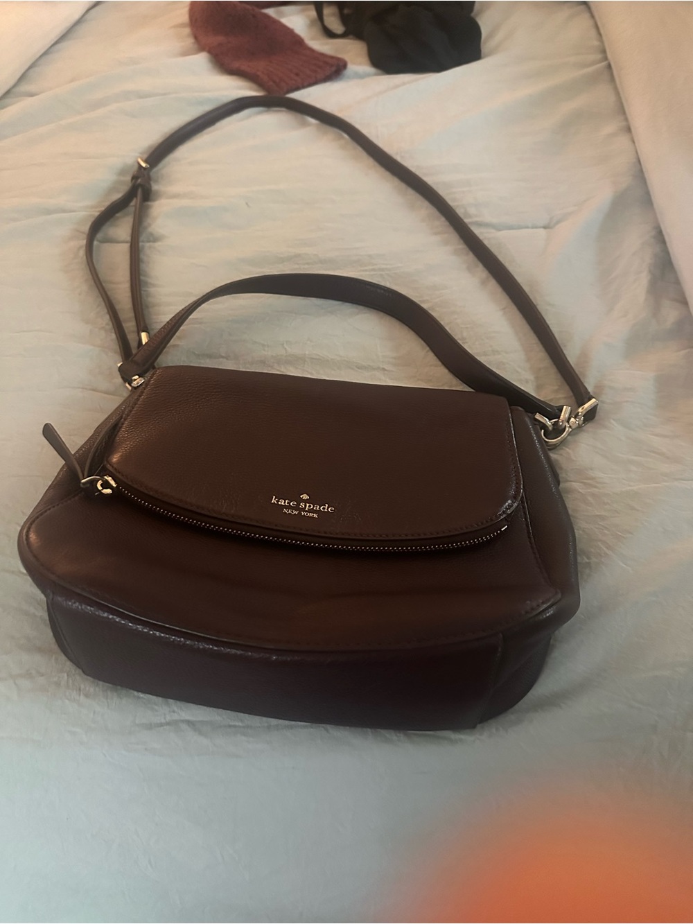 kate spade dark brown leather crossbody with flap and zip